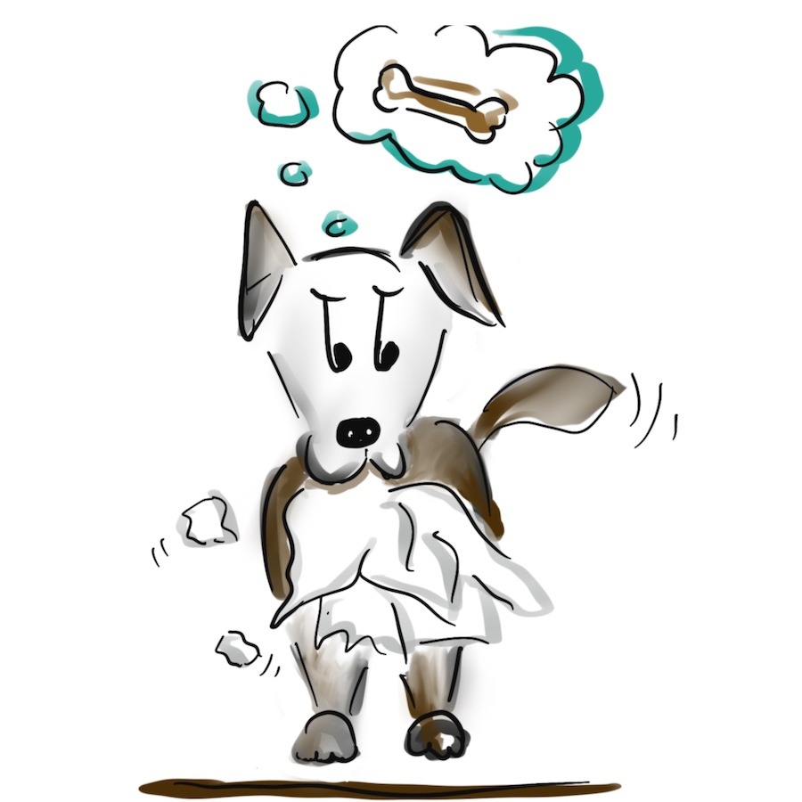 Zeichnung eines papierzerfetzenden Hundes