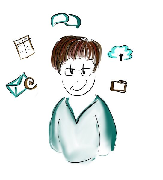 Zeichnung von Steffi mit Büro-Symbolen um den Kopf: E-Mail, Tabellen, Sprechblasen, Cloud, Dateiordner